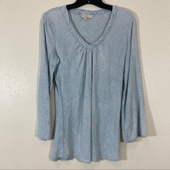 Andrzej Kolaska Linen Blouse Top Linen Scoop V Neck Blue Top Long Sleeve - Picture 1 of 7